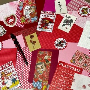 Valentine themed junk journal scrapbook ephemera kit with beaded pen